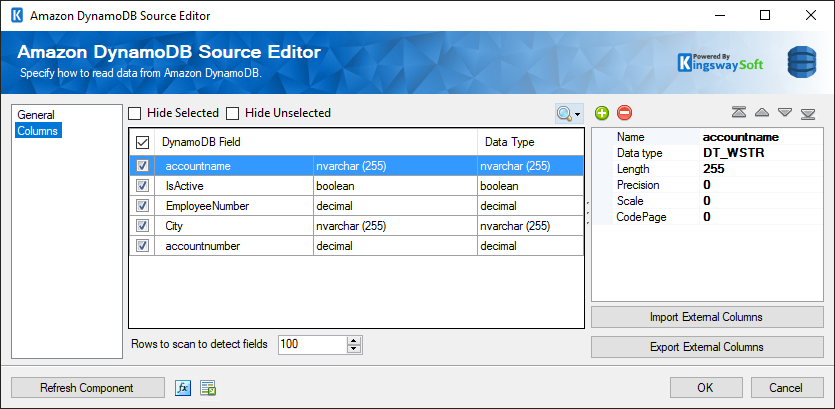 SSIS DynamoDB Source - Columns Page